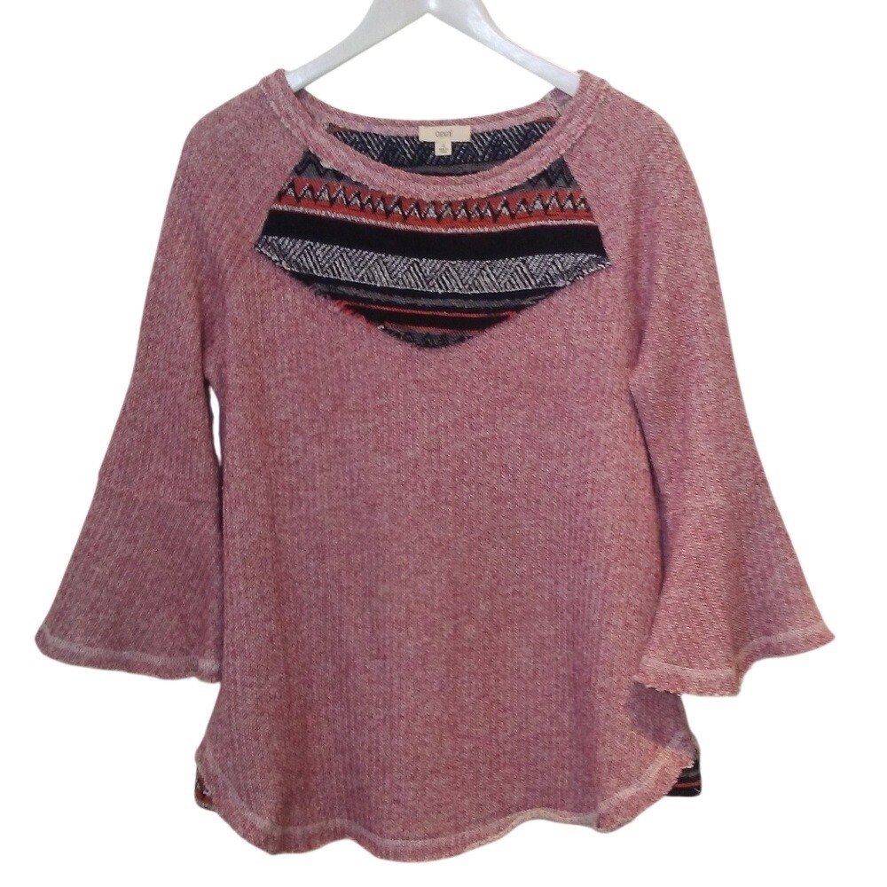 Oddi Womens Marled Knit Southwestern Tapestry Yoke Bell Sleeve Top Size S